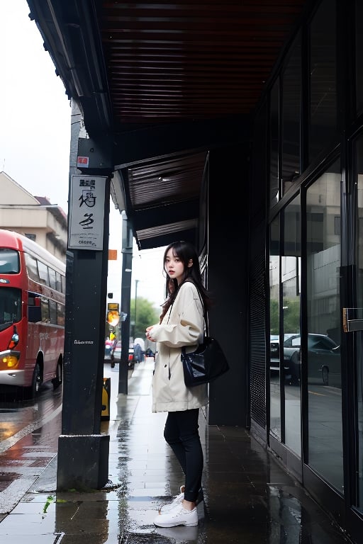 Solo, looking at audience, smile, black hair, 鄰家女孩,full_body,TTake shelter from the rain under the eaves and catch the bus