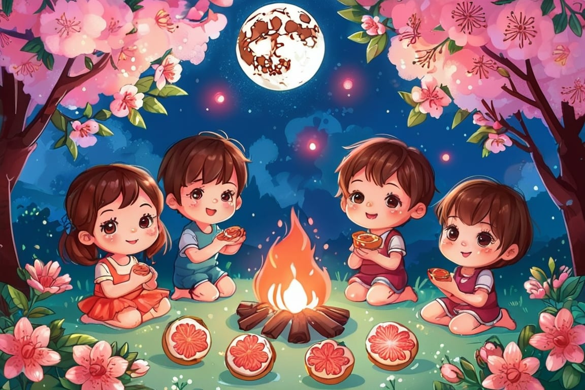 A group of cute children circled around the campfire, with mooncakes and grapefruit beside them. The full moon at night was very bright and beautiful, and the cherry blossoms next to them were raining down flowers.

