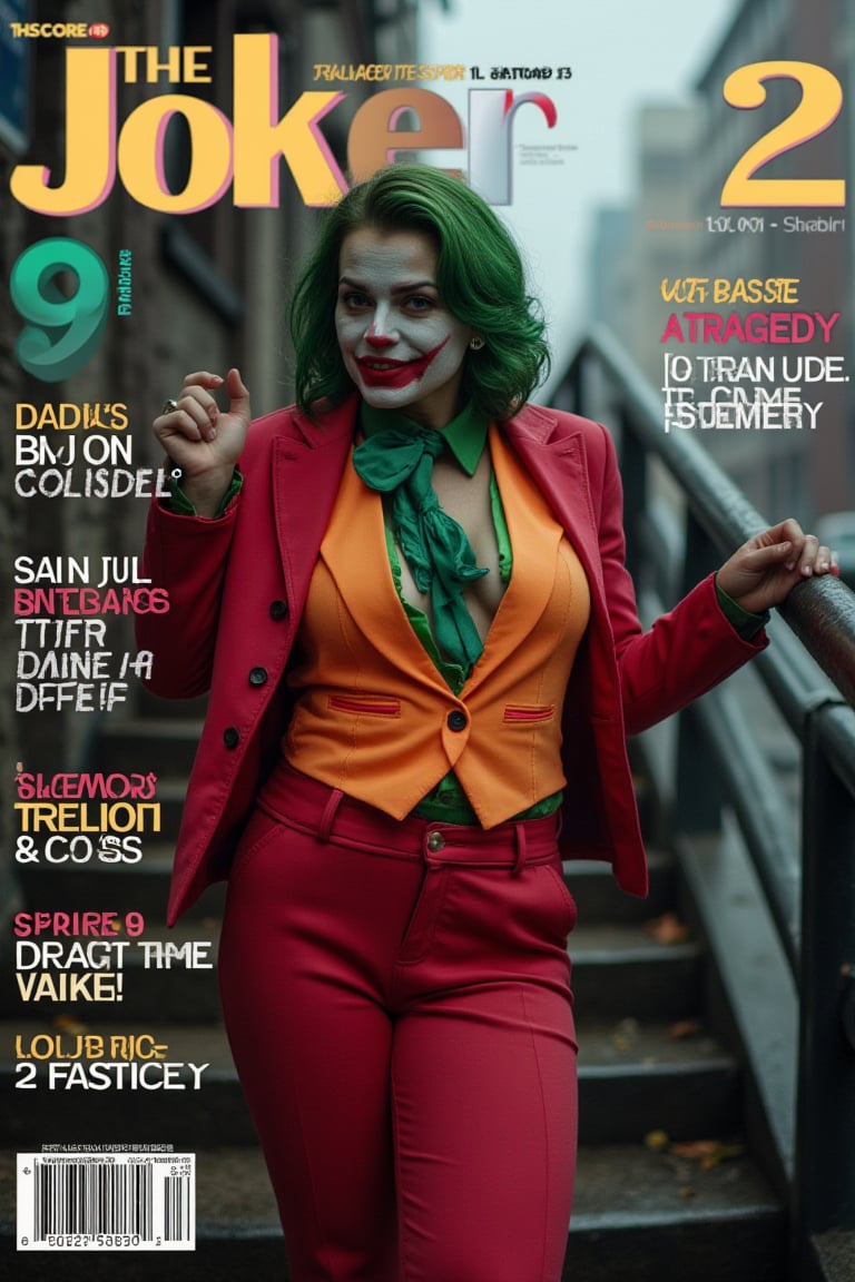 Score_9, rating_explicit, on the cover of "High Fashion" magazine, the clown (2019 version) has a close-up of his upper body, his bust is enlarged, and he is confidently posing in an elegant pose. Highlighting her angular features and elegant smile, she wears a neon outfit that is colorful, sexy and modern. The figure maintains a sophisticated and elegant look at the same time, with neon color combinations used in the text of this fashion magazine, including the title. With Gotham City on a rainy day as the background, the picture should have a transitional atmosphere from sadness to joy.
The title of the magazine is "Joker 2".
The subtitle reads "A tragedy is actually a comedy."
solo, green hair, shirt, long sleeves, 1girl, jacket, upper body, female focus, open clothes, tie, shoes, collared shirt, pants, vest, raised arms, cosplay, mask, impersonation, brown shoes, formal , suit, red jacket, clasped hands, stairs, green shirt, green vest, red pants, green tie, clown portrait