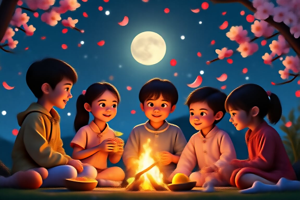 A group of cute children circled around the campfire, with mooncakes and grapefruit beside them. The full moon at night was very bright and beautiful, and the cherry blossoms next to them were raining down flowers.