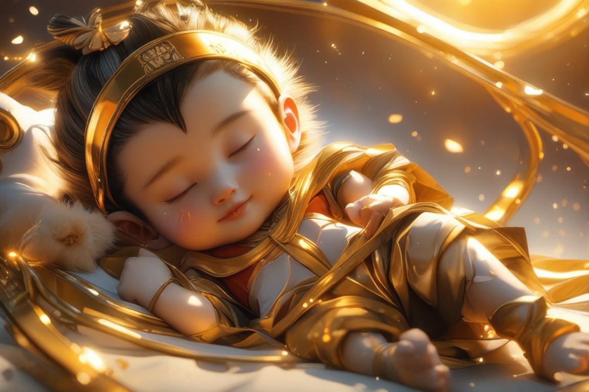 Cute little Sun Wukong, lying down and sleeping comfortably, next to him are a golden headband, a golden hoop and a golden battle armor.