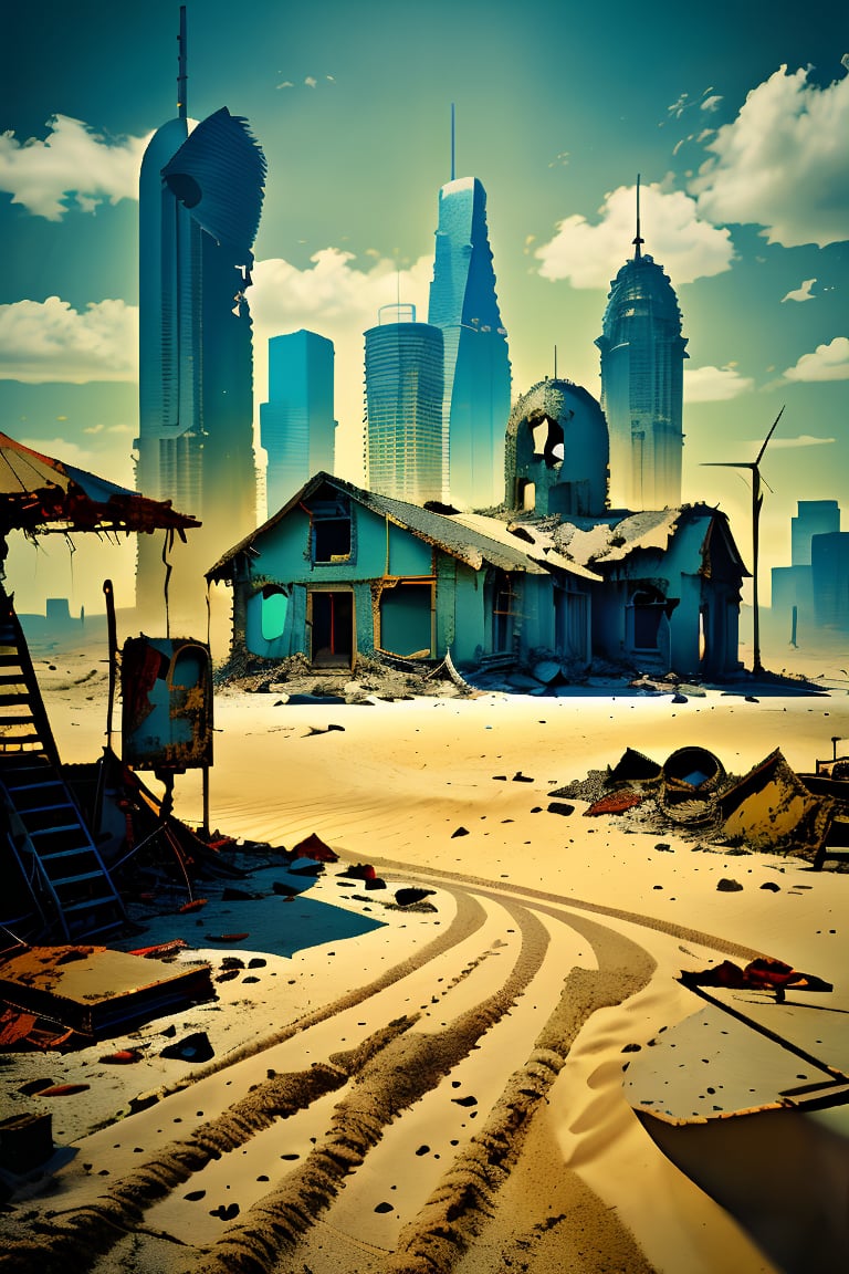 Abandoned cityscape, no people, wind and sand blowing