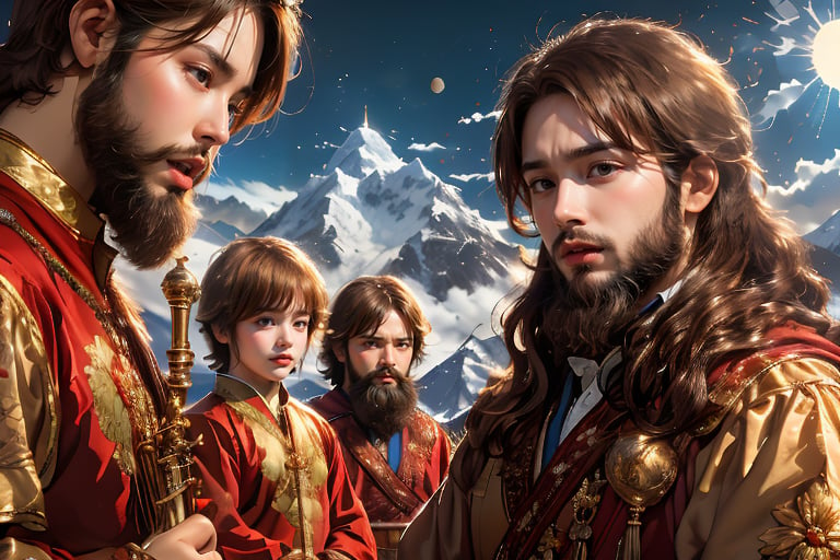 male focus, multiple boys, sky, cloud, facial hair, instrument, beard, snow, mountain, sun, korean clothes, flute