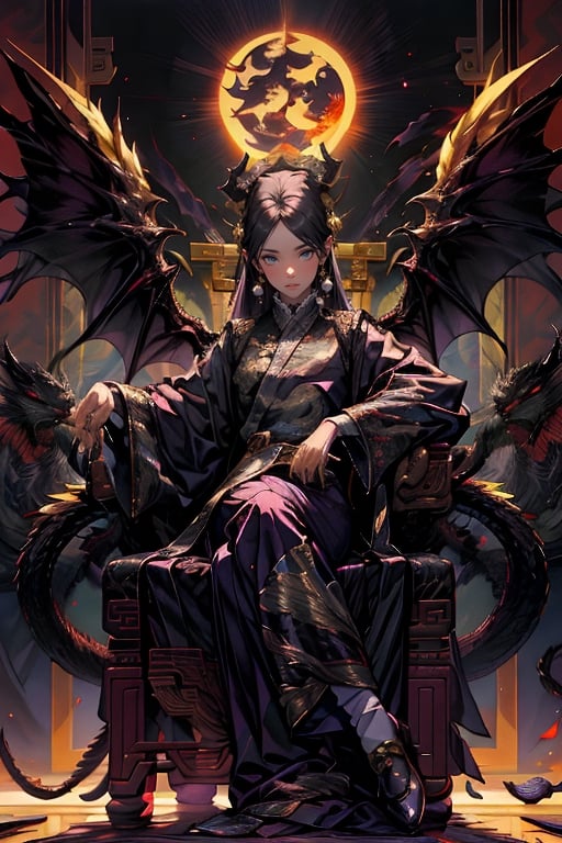 1 girl, long hair, purple hair, Qing Dynasty aristocratic female hair accessories are very gorgeous, covered with various gems and gold, sitting on a dragon chair, dragon, dragon tail, scales, behind there is a purple oriental dragon, huge dragon wings , black dragon horns, sharp claws, grasping this purple-light night pearl, red sky, black clouds, gorgeous red background, with gold-rimmed embroidered phoenix Hanfu, long sleeves with black water on the cuffs, the moon, a palace full of flames, buildings, East Asian Architecture Forbidden City, Oriental Dragon, Empress Dowager Cixi, purple eyes, luminous pearls on the palm covered with purple flames, surrounded by a large number of golden jewels, the whole body is filled with purple evil spirit, nodf_lora
(Long straight purple and black hair, with bangs), (obviously purple eyes)
,清朝,多人