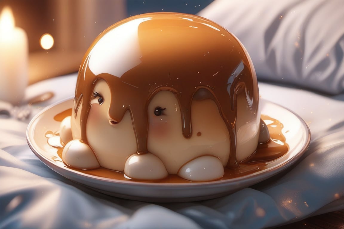 Cute little pudding, very comfortable to lie down and sleep in, cup shape, with melted caramel, semi-liquid flow down