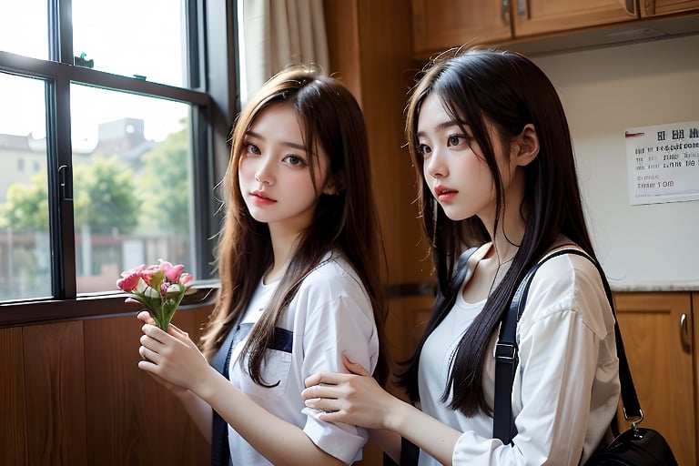 2 girls, black hair, 鄰家女孩,full_body,Female students are blowing air by the window, holding a flower in their hands and arranging each other's hair with their hands