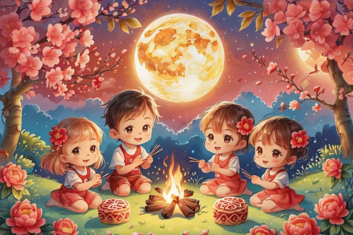 A group of cute children circled around the campfire, with mooncakes and grapefruit beside them. The full moon at night was very bright and beautiful, and the cherry blossoms next to them were raining down flowers.

