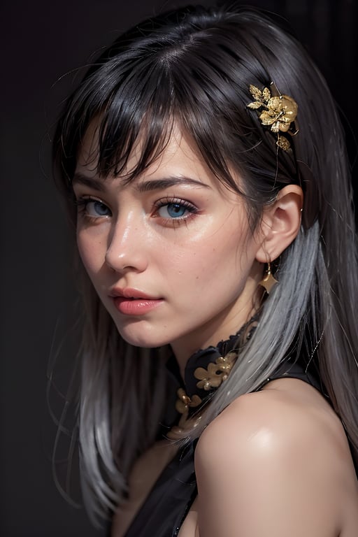 1girl, solo, upper body, grey hair, lips, traditional media, realistic,美麗花朵,艾薇兒,露齒藍眼金髮美女