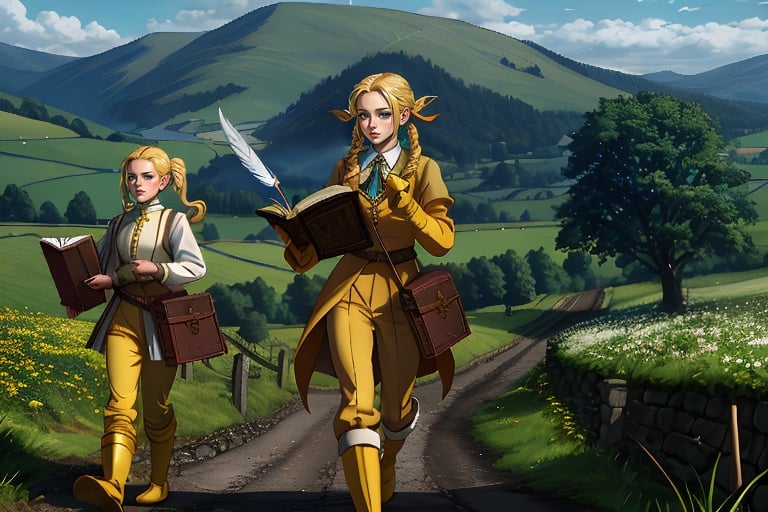 1girl, solo, with long golden single ponytail braid, small breasts, blond hair, holding a quill flying in the air and writing energy on the page, braid, long lantern pants, slightly revealing her slender legs, carrying a book Large thick leather book, looking at the camera, light yellow leather boots, leather gloves, white lining, walking on the stone road in the countryside