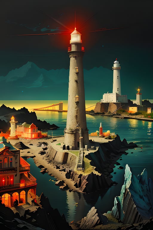 The splendid city landscape is decorated with various rare minerals and the lighthouse emits neon light.