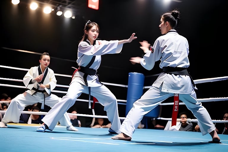 A woman wearing black kung fu costume and a woman wearing black and white kung fu costume are standing on the competition stage preparing for a kung fu sparring match. Their eyes should meet. There are many spectators in the background.多人,milokk