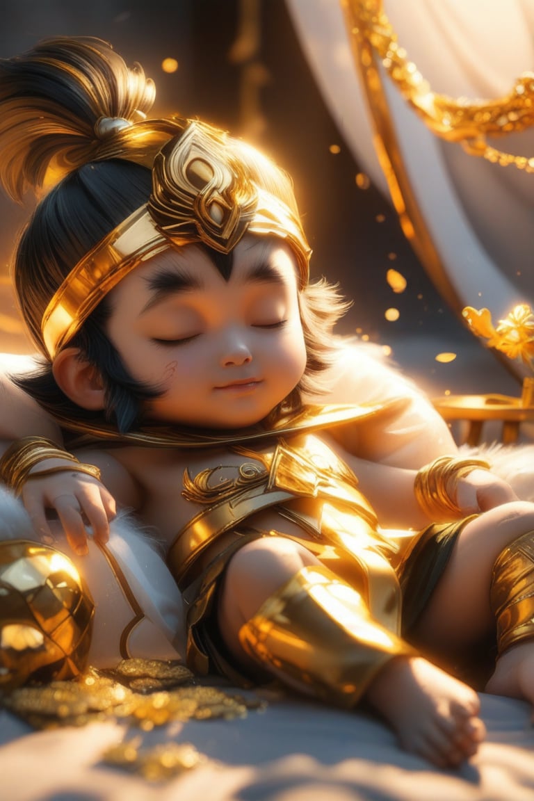 Cute little Sun Wukong, lying down and sleeping comfortably, next to him are a golden headband, a golden hoop and a golden battle armor.