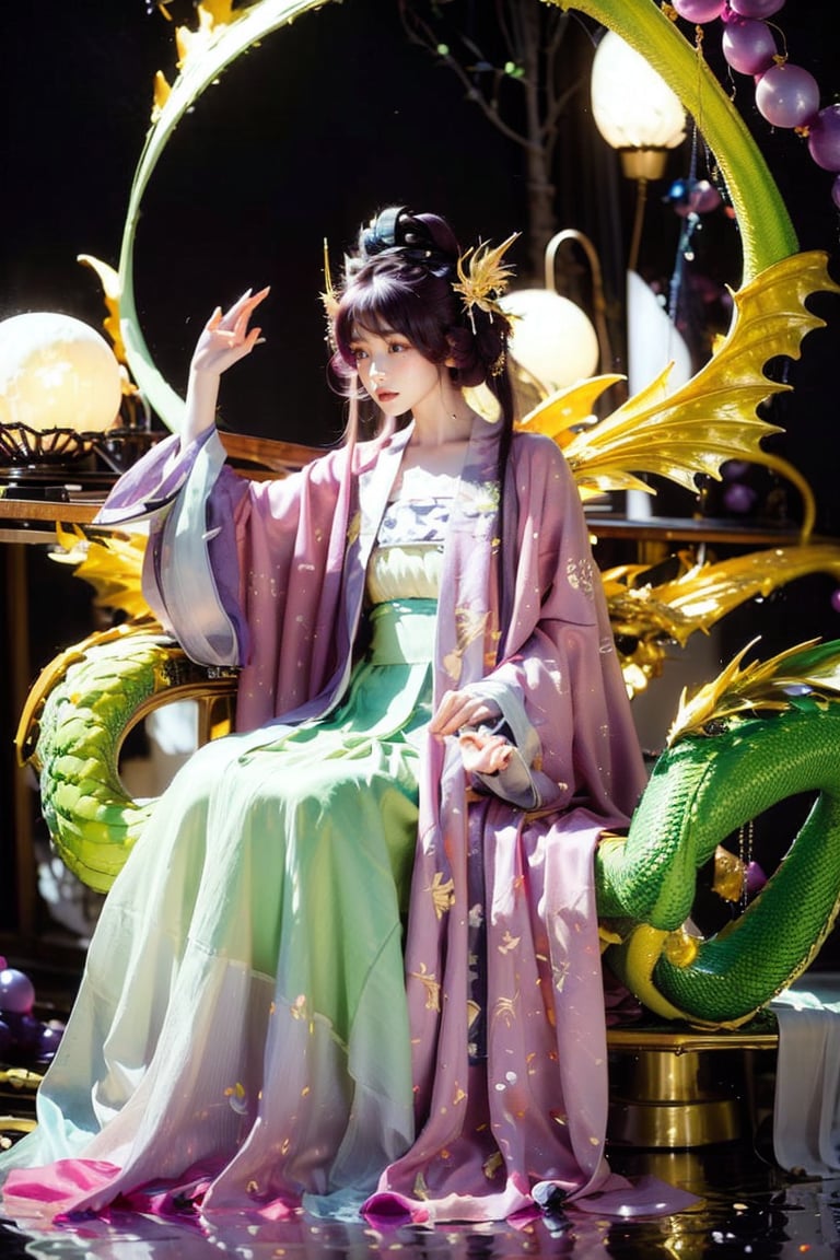 1 girl, long hair, black hair, Qing Dynasty aristocratic female hair accessories are very gorgeous, covered with various gems and gold, sitting on a dragon chair, dragon, dragon tail, scales, behind there is a purple oriental dragon, huge dragon wings , black dragon horns, sharp claws, grasping this purple-light night pearl, red sky, black clouds, gorgeous red background, with gold-rimmed embroidered phoenix Hanfu, long sleeves with black water on the cuffs, the moon, a palace full of flames, buildings, East Asian Architecture Forbidden City, Oriental Dragon, Empress Dowager Cixi, purple eyes, luminous pearls on the palm covered with purple flames, surrounded by a large number of golden jewels, the whole body is filled with purple evil spirit, nodf_lora
(Long straight purple hair, with bangs), (obviously purple eyes)