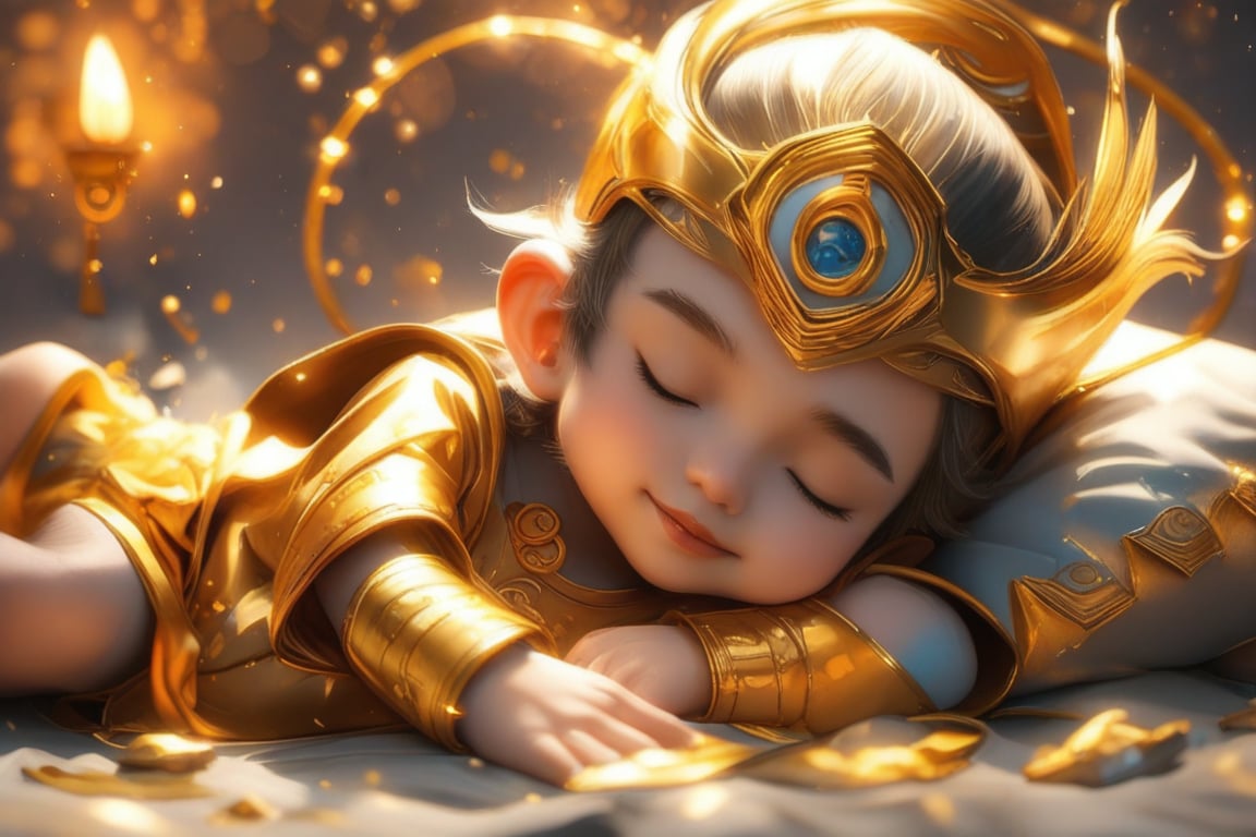 Cute little Sun Wukong, lying down and sleeping comfortably, next to him are a golden headband, a golden hoop and a golden battle armor.