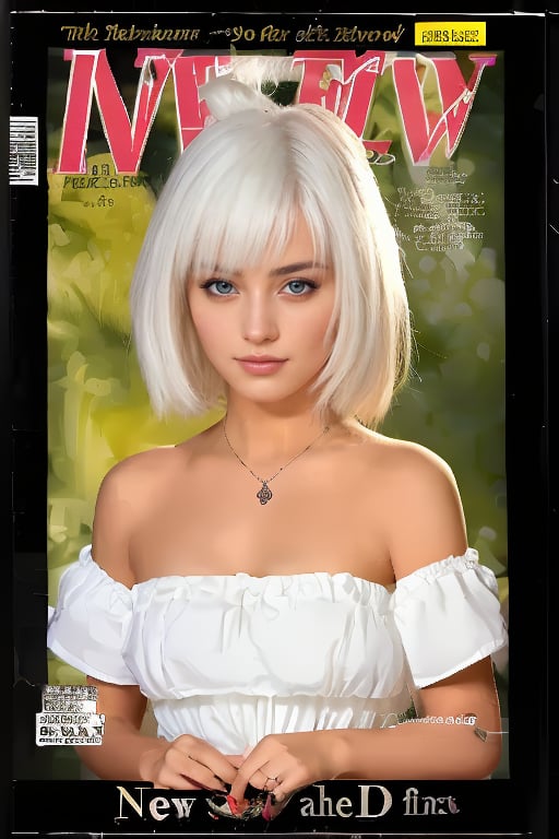 1girl, solo, upper body, white hair, lips, traditional media, reality, pop idol magazine, title font "New Lora Is Coming", attractive cover with beauty characters,jpop cover 80s