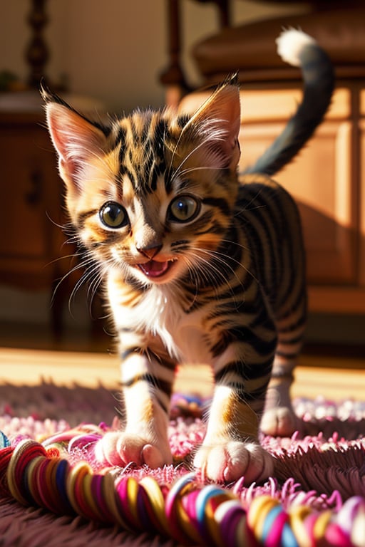 A close-up shot of a playful kitten, mid-action, with bright, warm lighting. The kitten is focused, its tiny paws batting a colorful ball of yarn across a soft, textured rug. The background is slightly blurred, emphasizing the kitten's playful expression and the motion of the yarn. The composition captures the kitten's curiosity and energy, with the yarn creating a dynamic, swirling pattern.