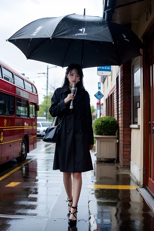 Solo, looking at audience, smile, black hair, 鄰家女孩,full_body,TTake shelter from the rain under the eaves and catch the bus