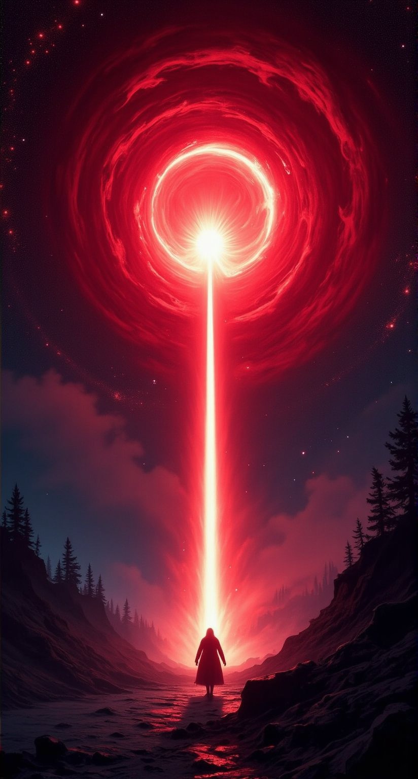 A masterpiece of meticulous detail! Against the backdrop of a cinematic midway journey, a stunning comet sprints forward, shining with otherworldly light. The red vortex seemed to draw the comet into it. Against the backdrop of a deep starry sky, this lone comet embodies a mystical blend of power and mystery.