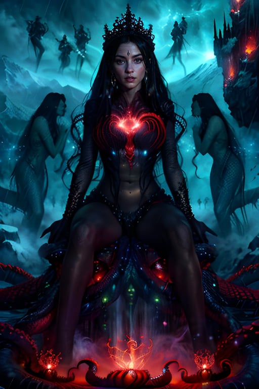 A beautiful girl lay lazily on a throne made of tentacles. She propped her head up on one hand and half-closed her eyes. Fluorescent green eyes sparkled in the darkness, contrasting sharply with her all-black skin and the streaks radiating from her body. Her body is translucent, revealing the light of a huge red core on her chest. The internal forces are constantly splitting and merging, releasing powerful destructive power. Countless tentacles sprouted from the girl's back and stretched out, Azathoth.

Surrounded by countless invisible dancers, they play invisible flutes in disturbing monotony. The chaotic voices tried to keep Azathoth calm.

It all takes place against a turbulent backdrop: volcanic eruptions, thunder and blizzards combine to create a scene that is both chaotic and mysterious.,Fusion monster