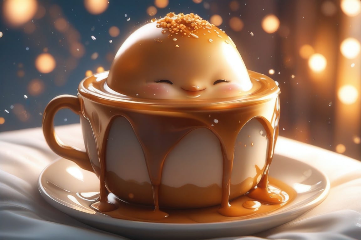 Cute little pudding, very comfortable to lie down and sleep in, cup shape, with melted caramel, semi-liquid flow down