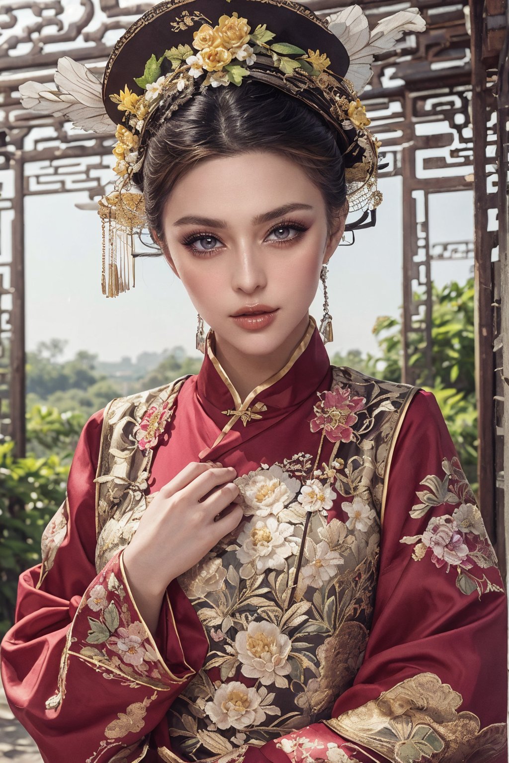 This is a photo showing a woman wearing traditional Chinese clothing, reflecting a historical or period style. The subject of the photo is the woman, wearing a bright, richly decorated and intricately embroidered dress. On her head is a special black hat decorated with a large pink flower and a golden butterfly. The background is composed of lush green foliage, suggesting a natural outdoor scene. The focus of the composition is the calm and dignified facial expression of the woman as she gently holds the leaf. This image exudes the essence of cultural richness, elegance and history.32k,