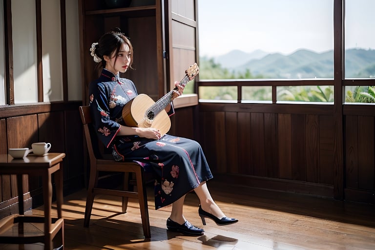 During the Republic of China, girls drank tea from porcelain cups in a teahouse, sitting on wooden chairs. Next to them, a lady in cheongsam played the pipa.full body