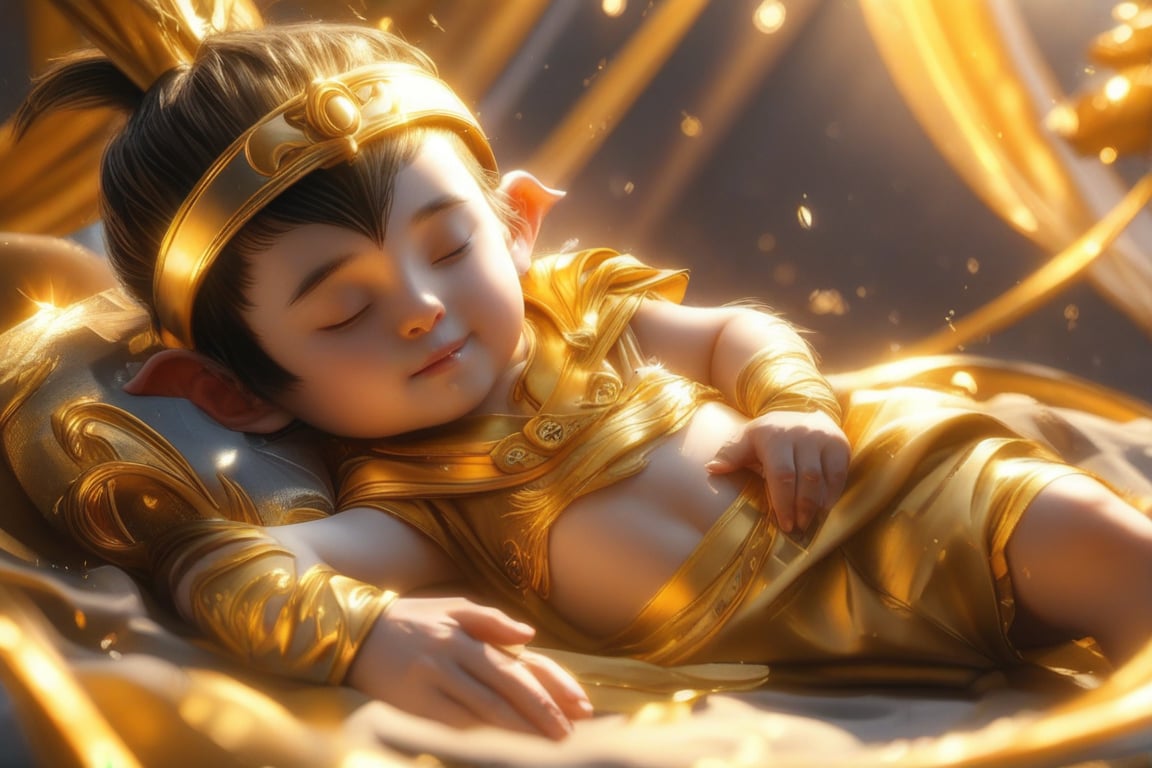 Cute little Sun Wukong, lying down and sleeping comfortably, next to him are a golden headband, a golden hoop and a golden battle armor.