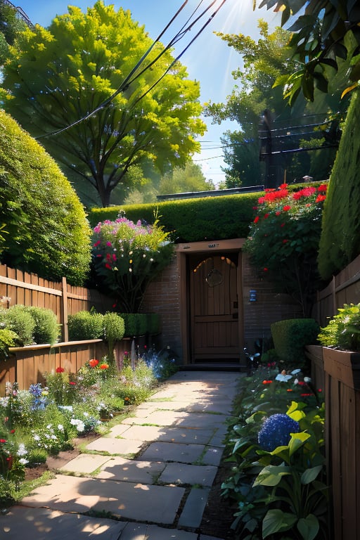 A sunny summer afternoon, a verdant garden in focus, with a wooden fence and lush greenery. A power line stretches across the top of the frame, supporting multiple wire baskets where a chattering sparrow perches, its tiny feet gripping the wires as it takes flight, sunlight casting a warm glow on its feathers.