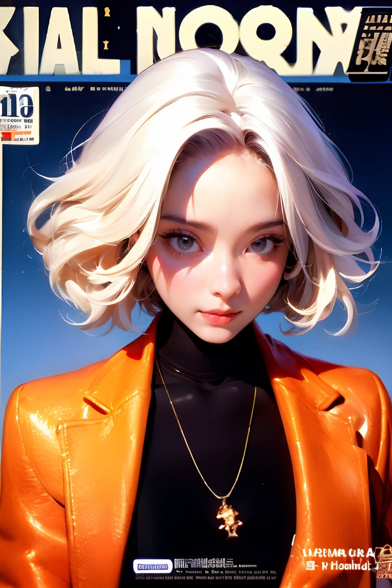 1girl, solo, upper body, white hair, lips, traditional media, reality, pop idol magazine, title font "New Lora Is Coming", attractive cover with beauty characters,jpop cover 80s,金髮女的笑容,棕捲髮美女,戀愛感,海邊泳裝少女,陽光少女,Fusion monster