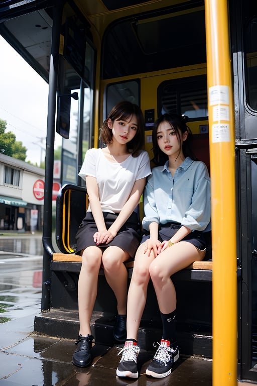 2 girls, looking at audience, smile, black hair, 鄰家女孩,full_body,Take shelter from the rain under the eaves and catch the bus