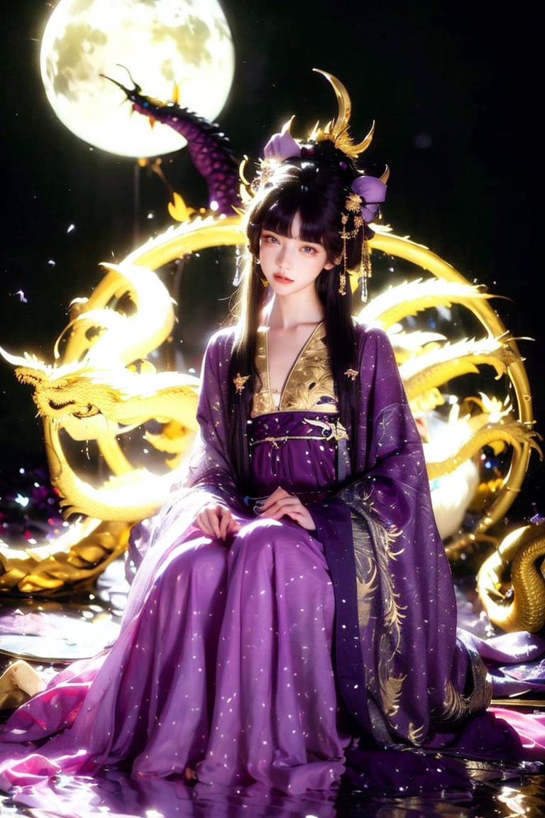 1 girl, long hair, black hair, Qing Dynasty aristocratic female hair accessories are very gorgeous, covered with various gems and gold, sitting on a dragon chair, dragon, dragon tail, scales, behind there is a purple oriental dragon, huge dragon wings , black dragon horns, sharp claws, grasping this purple-light night pearl, red sky, black clouds, gorgeous red background, with gold-rimmed embroidered phoenix Hanfu, long sleeves with black water on the cuffs, the moon, a palace full of flames, buildings, East Asian Architecture Forbidden City, Oriental Dragon, Empress Dowager Cixi, purple eyes, luminous pearls on the palm covered with purple flames, surrounded by a large number of golden jewels, the whole body is filled with purple evil spirit, nodf_lora
(Long straight purple hair, with bangs), (obviously purple eyes)