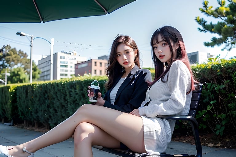 Two cute schoolgirls sit on park chairs and look at the small lake together.
(long multi-colored hair, bangs), looking at the viewer, (obviously not dark eyes), long eyebrows, soft makeup, ombre lips, (huge breasts), plump body, long straight legs, sweet , fingers detailed, background detailed, ambient lighting, extremely detailed, cinematic shots, realistic illustrations, masterpiece, perfect skin,

Sun exposure, outdoor, quiet, normal feet, no redundant text and watermarks, beauty, masterpiece, real, realistic, cyberpunk ,鄰家女孩,cyber punk,美女