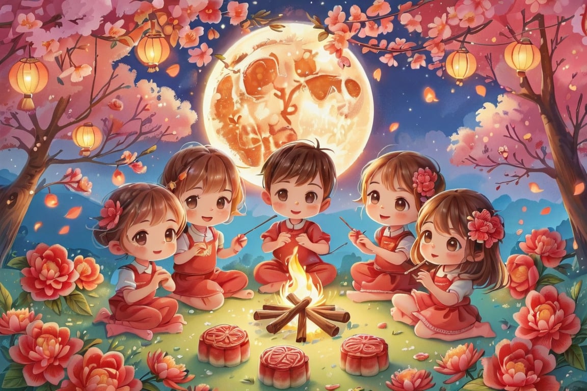 A group of cute children circled around the campfire, with mooncakes and grapefruit beside them. The full moon at night was very bright and beautiful, and the cherry blossoms next to them were raining down flowers.

