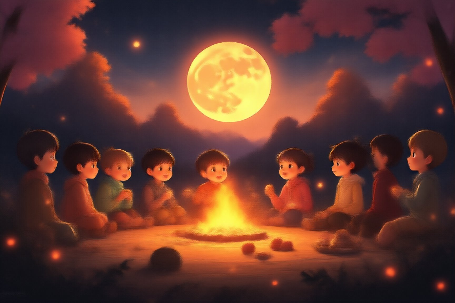 A group of cute children circled around the campfire, with mooncakes and grapefruit beside them. The full moon at night was very bright and beautiful, and the cherry blossoms next to them were raining down flowers.

Perfect Skin, (RAW Photo, Best Quality), (Real, Photo Real: 1.3), Best Quality, Masterpiece, Beauty & Aesthetics, 16K, (HDR: 1.4), High Contrast, (Vivid Colors: 1.4), ( Silent Colors, Dull Colors, Soothing Tone: 0), Cinematic Lighting, Ambient Lighting, Side Lighting, Fine Details and Textures, Cinematic Lenses, Warm Colors, Full Body (Bright and Intense: 1.2), (Masterpiece, Top Quality , Best Quality, Official Arts, Beauty & Aesthetics: 1.2), HDR, High Contrast, Wide Angle Lens (Highly Detailed Skins: 1.2)