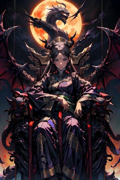 1 girl, long hair, purple hair, Qing Dynasty aristocratic female hair accessories are very gorgeous, covered with various gems and gold, sitting on a dragon chair, dragon, dragon tail, scales, behind there is a purple oriental dragon, huge dragon wings , black dragon horns, sharp claws, grasping this purple-light night pearl, red sky, black clouds, gorgeous red background, with gold-rimmed embroidered phoenix Hanfu, long sleeves with black water on the cuffs, the moon, a palace full of flames, buildings, East Asian Architecture Forbidden City, Oriental Dragon, Empress Dowager Cixi, purple eyes, luminous pearls on the palm covered with purple flames, surrounded by a large number of golden jewels, the whole body is filled with purple evil spirit, nodf_lora
(Long straight purple and black hair, with bangs), (obviously purple eyes)
,清朝,多人