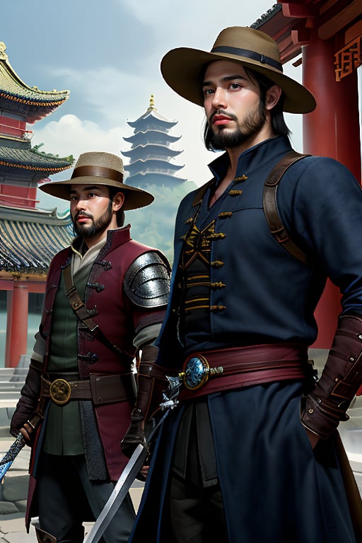 solo, 1boy, hat, weapon, male focus, sword, cape, facial hair, beard, mustache, architecture, east asian architecture