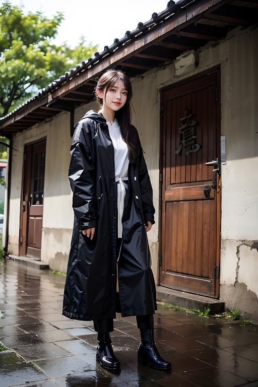 Solo, looking at audience, smile, black hair, 鄰家女孩,full_body,Take shelter from the rain under the eaves