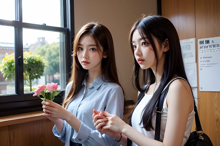 2 girls, black hair, 鄰家女孩,full_body,Female students are blowing air by the window, holding a flower in their hands and arranging each other's hair with their hands