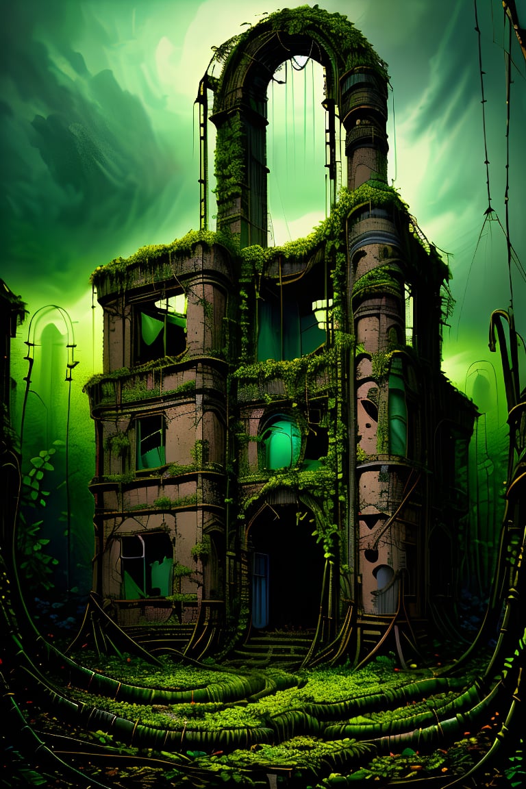 Abandoned cityscape, empty of people, covered with green vines