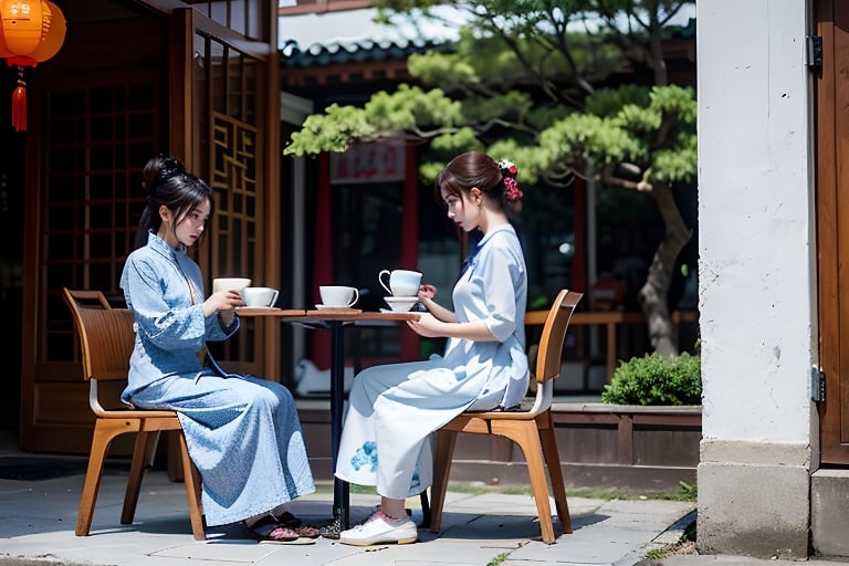 During the Republic of China, girls sat on wooden chairs in teahouses and drank tea from blue and white porcelain teacups, while listening to a lady in cheongsam playing the pipa next to them.full body