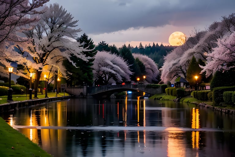 On a night with cherry blossoms in the rain, a bright moon appeared, reflected in the clear lake water