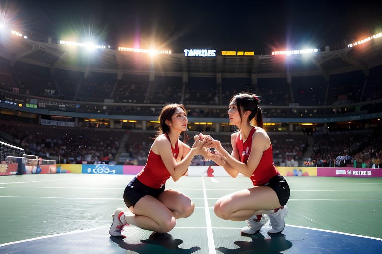 The winning moments of the Paris Badminton Doubles 2024. In the background is a standing ovation from the stadium crowd. (Audience with blurred background) (Badminton court theme) The 2024 Olympic Games logo is hung on the wall. The two of them held badminton rackets tightly in their hands. Kneel down on your knees and look up to the sky and shout. Chinese Taipei Olympic flag flutters. Touching moment.