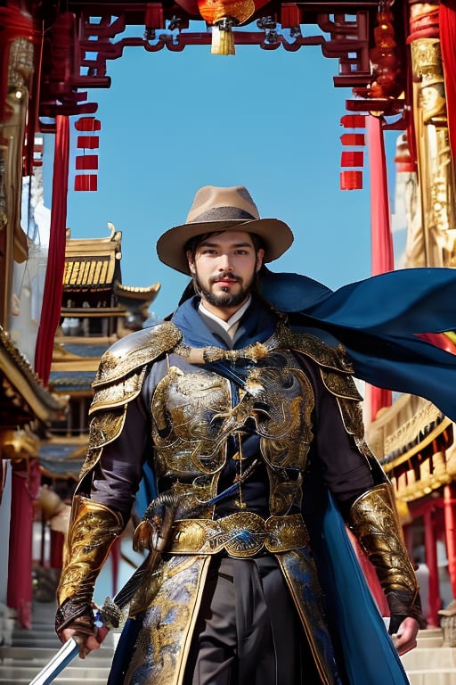 solo, 1boy, hat, weapon, male focus, sword, cape, facial hair, beard, mustache, architecture, east asian architecture