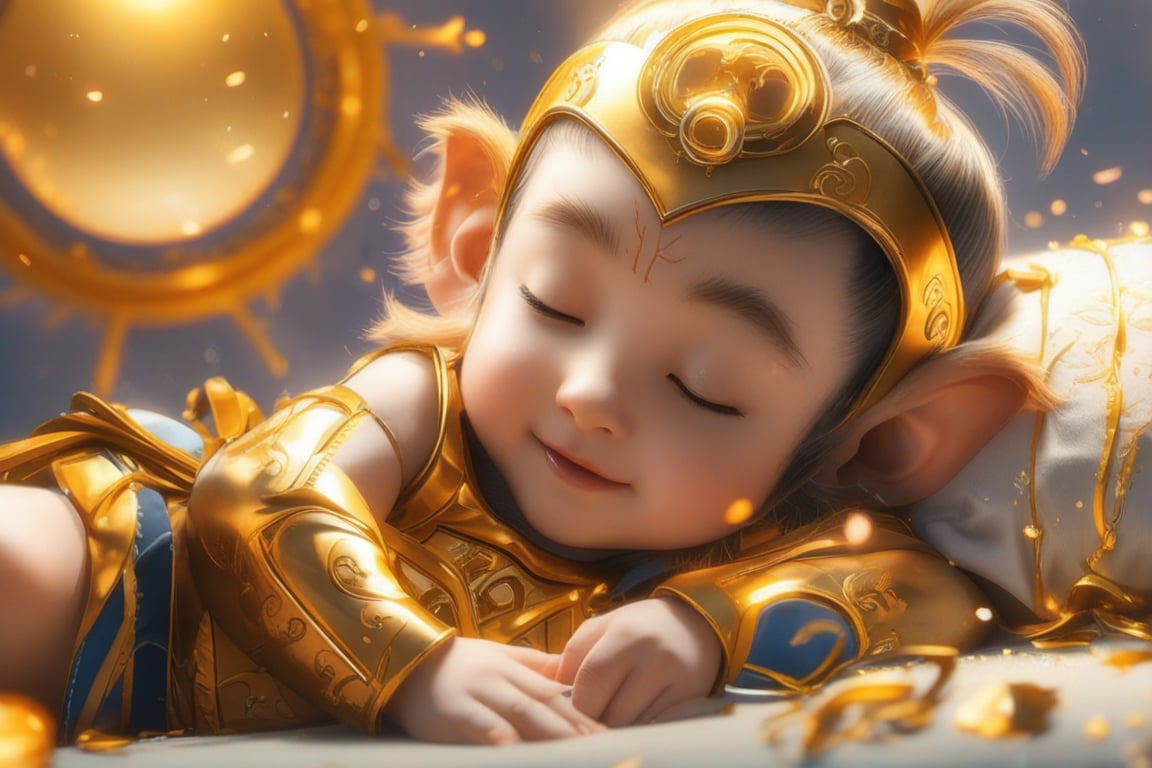 Cute little Sun Wukong, lying down and sleeping comfortably, next to him are a golden headband, a golden hoop and a golden battle armor.