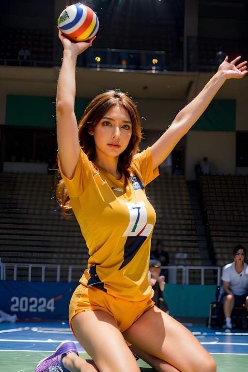 The image depicts a triumphant moment in a badminton match, Paris 2024. The victorious player, wearing a yellow shirt and black shorts, knelt on the court and raised his arms in celebration, while another teammate lay on the court and was moved by his mission, wearing similar clothes. The background shows spectators in a stadium, all standing and applauding. The court is marked by a white line, surrounded by purple and green. The two of them held the racket tightly in their hands. Chinese Taipei Olympic flags were waved around. Touching moments.