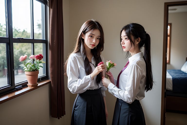 2 girls, black hair, 鄰家女孩,full_body,Female students are blowing air by the window, holding a flower in their hands and arranging each other's hair with their hands