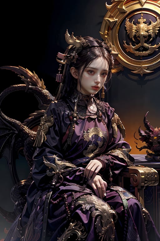 1 girl, long hair, purple hair, Qing Dynasty aristocratic female hair accessories are very gorgeous, covered with various gems and gold, sitting on a dragon chair, dragon, dragon tail, scales, behind there is a purple oriental dragon, huge dragon wings , black dragon horns, sharp claws, grasping this purple-light night pearl, red sky, black clouds, gorgeous red background, with gold-rimmed embroidered phoenix Hanfu, long sleeves with black water on the cuffs, the moon, a palace full of flames, buildings, East Asian Architecture Forbidden City, Oriental Dragon, Empress Dowager Cixi, purple eyes, luminous pearls on the palm covered with purple flames, surrounded by a large number of golden jewels, the whole body is filled with purple evil spirit, nodf_lora
(Long straight purple and black hair, with bangs), (obviously purple eyes)
,清朝,多人