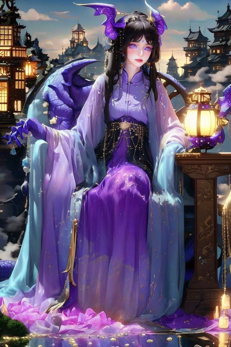 1 girl, long hair, black hair, Qing Dynasty aristocratic female hair accessories are very gorgeous, covered with various gems and gold, sitting on a dragon chair, dragon, dragon tail, scales, behind there is a purple oriental dragon, huge dragon wings , black dragon horns, sharp claws, grasping this purple-light night pearl, red sky, black clouds, gorgeous red background, with gold-rimmed embroidered phoenix Hanfu, long sleeves with black water on the cuffs, the moon, a palace full of flames, buildings, East Asian Architecture Forbidden City, Oriental Dragon, Empress Dowager Cixi, purple eyes, luminous pearls on the palm covered with purple flames, surrounded by a large number of golden jewels, the whole body is filled with purple evil spirit, nodf_lora
(Long straight purple hair, with bangs), (obviously purple eyes)