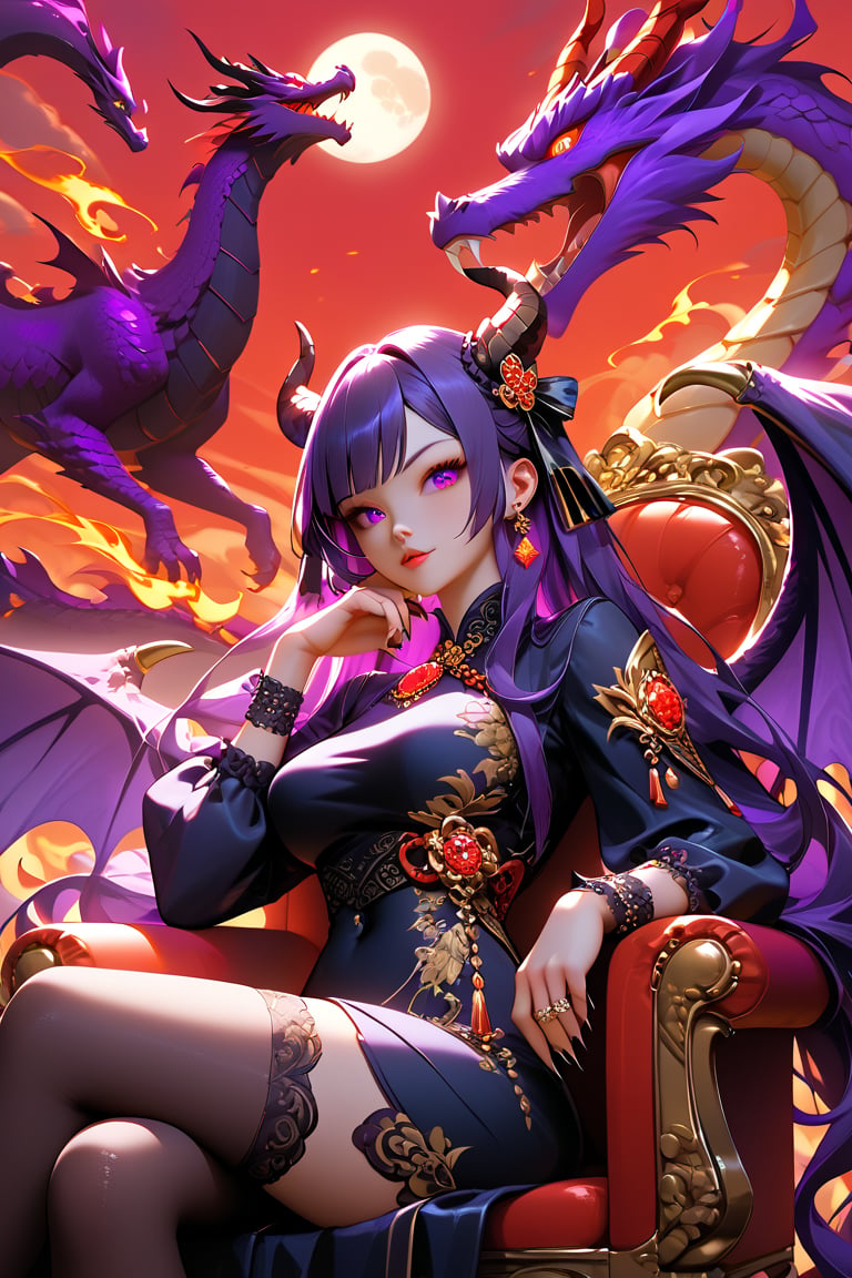 (score_9, score_8_up, score_7_up), 1 girl, long hair, black hair, Qing Dynasty aristocratic female hair accessories are very gorgeous, covered with various gems and gold, sitting on a dragon chair, dragon, dragon tail, scales, behind there is a purple oriental dragon, huge Dragon wings, black dragon horns, sharp claws, grasping this purple luminous night pearl, red sky, black clouds, gorgeous red background, matching gold silk embroidered phoenix Hanfu, black water long sleeves at the cuffs, the moon, the palace is full of flames, Buildings, East Asian Architecture Forbidden City, Eastern Dragon, Empress Dowager Cixi, purple eyes, luminous pearls on the palms filled with purple flames, surrounded by a large number of golden jewels, the whole body is filled with purple evil spirit, nodf_lora
(Long straight purple hair with bangs), (obviously purple eyes)
Use 3D cartoon representation