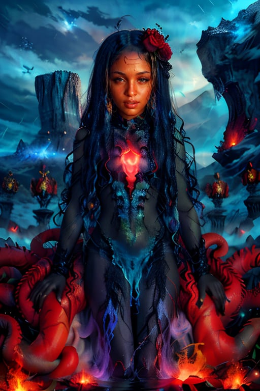 A plump girl lay lazily on a throne made of tentacles. She supported her head on one hand, her eyes half-closed. Fluorescent green eyes sparkled in the darkness, contrasting sharply with her all-black skin and the streaks radiating from her body. Her body is translucent, revealing the glow of a huge red core on her chest. The internal forces are constantly splitting and merging, releasing powerful destructive power. Azathoth.

Surrounded by countless invisible dancers, they play invisible flutes to an unsettling monotony. These chaotic voices are trying to maintain Azathoth's calm.

It all takes place against a turbulent backdrop: volcanic eruptions, thunder and blizzards combine to create a scene that is both chaotic and mysterious.